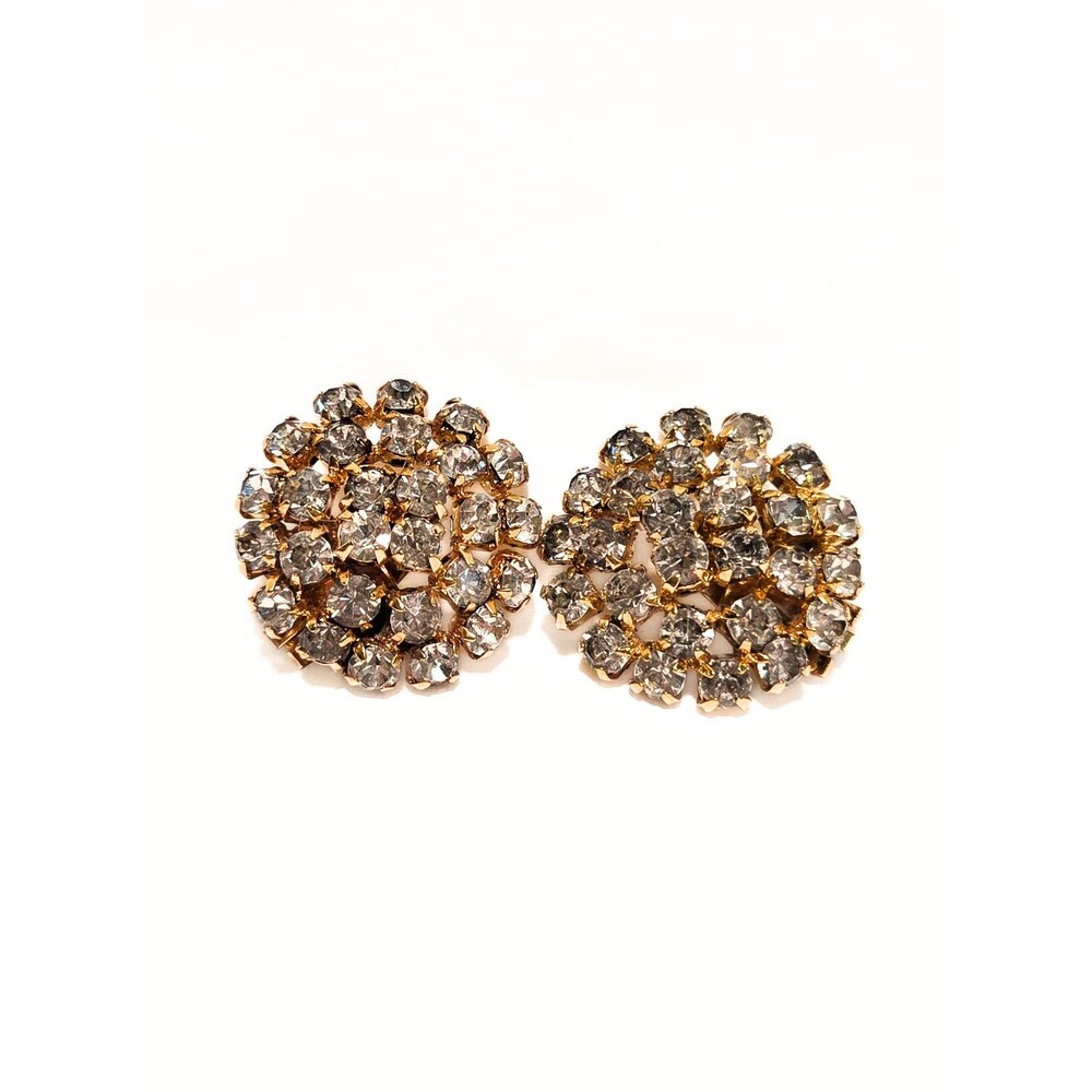 Vintage Style Clear Rhinestone Cluster Clip On Earrings Gold Tone Round